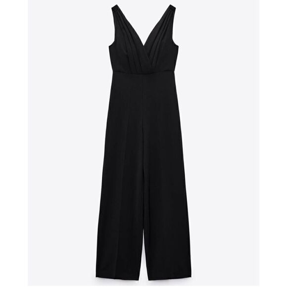 ZARA Sleeveless Pleated Front Wide Leg Jumpsuit in Black | SZ XS - Picture 1 of 15